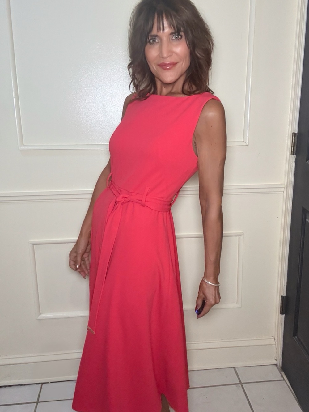 NWT DKNY Coral Pink Belted A-Line Midi Dress Size 2
